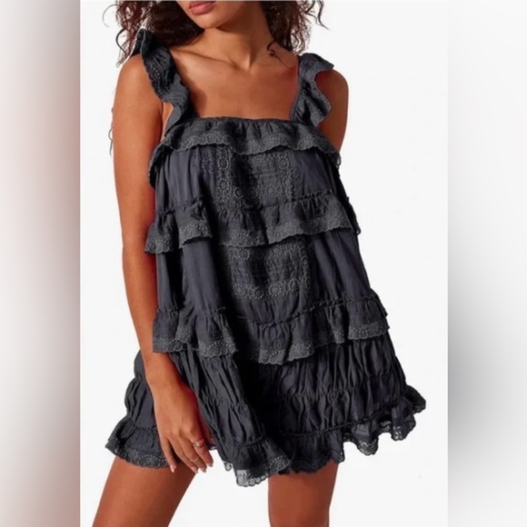 Free People Tiered and True Romper Washed Black Large Ruffles NWT